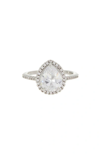 Shop Covet Pear Crystal Halo Ring In Rhodium