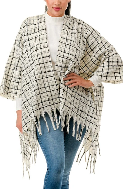 Marcus Adler Windowpane Tweed Fringed Ruana In Ivory