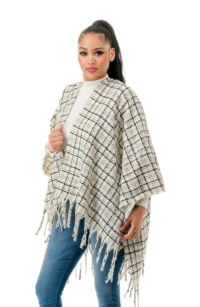 Marcus Adler Windowpane Tweed Fringed Ruana In Ivory