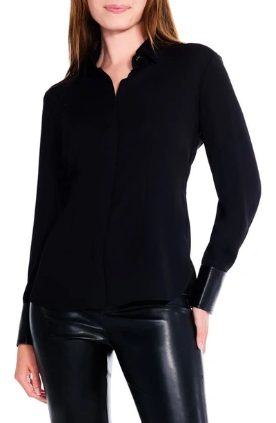 Shop Nic + Zoe Trimmed Up Faux Leather Cuff Button-up Shirt In Black Onyx