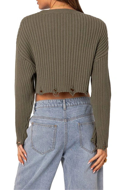 Edikted Women's Distressed Hem Oversized Cropped Sweater In Olive