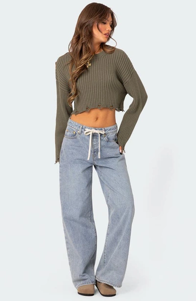 Edikted Women's Distressed Hem Oversized Cropped Sweater In Olive