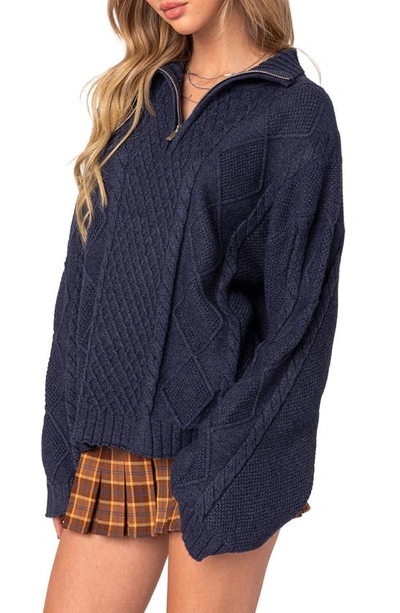 Edikted Oversize Cable Stitch Quarter Zip Sweater In Navy