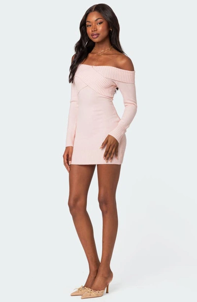 Edikted Crossover Long Sleeve Off The Shoulder Sweater Minidress In Light-pink