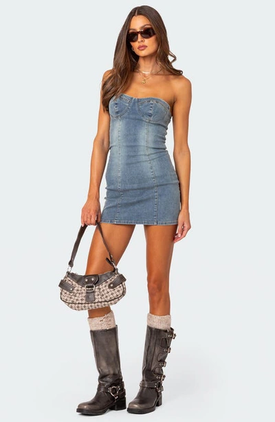 Shop Edikted Alissa Strapless Denim Minidress In Light-blue