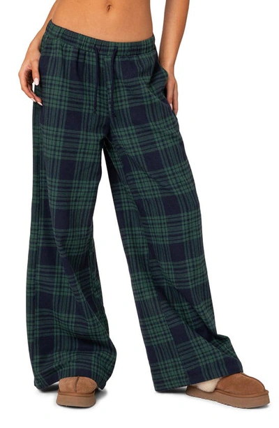 Shop Edikted Lounge Around Plaid Wide Leg Pants In Navy