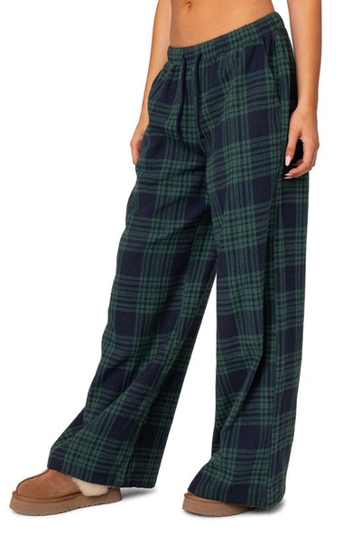 Shop Edikted Lounge Around Plaid Wide Leg Pants In Navy