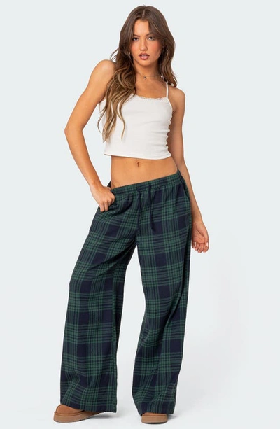 Shop Edikted Lounge Around Plaid Wide Leg Pants In Navy