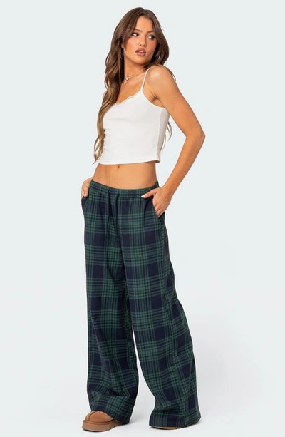 Shop Edikted Lounge Around Plaid Wide Leg Pants In Navy