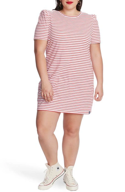 Shop Court & Rowe Stripe Puff Sleeve Cotton Knit T-shirt Dress In Bright Rouge