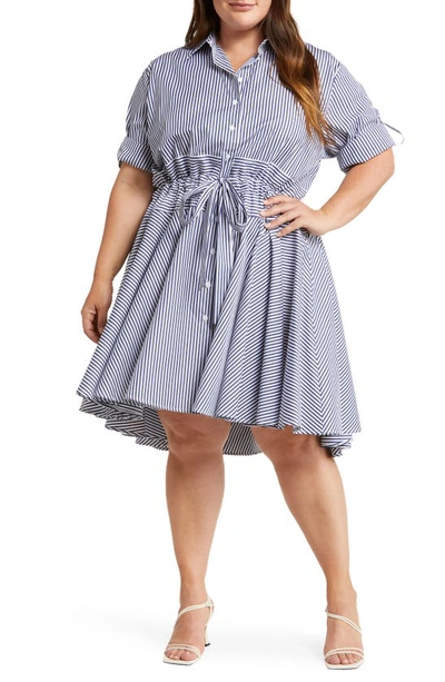 Shop Harshman Meadow Tie Front Fit & Flare Shirtdress In Navy Stripes