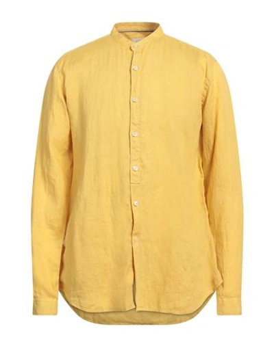 Shop Caliban 820 Man Shirt Ocher Size 17 ½ Linen In Yellow