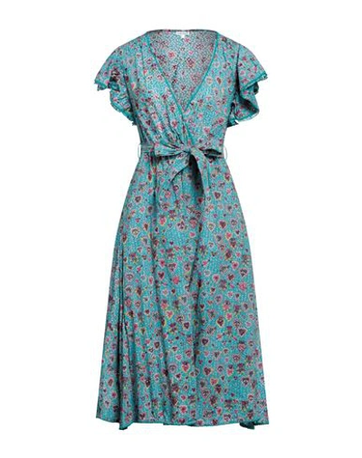 Shop Poupette St Barth Woman Midi Dress Turquoise Size M Cotton In Blue