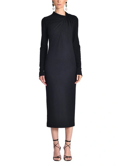Shop Adam Lippes Long Sleeve High Neck Draped Dress In Wool Jersey In Black