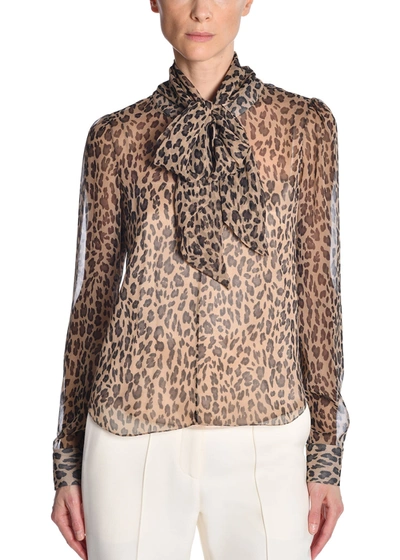 Shop Adam Lippes Long Sleeve Bow Blouse In Printed Silk Chiffon In Beige