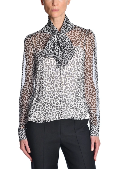 Shop Adam Lippes Long Sleeve Bow Blouse In Printed Silk Chiffon In Multi