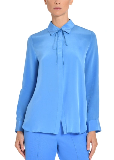 Shop Adam Lippes Shirt With Thin Bow In Crepe De Chine In Blue