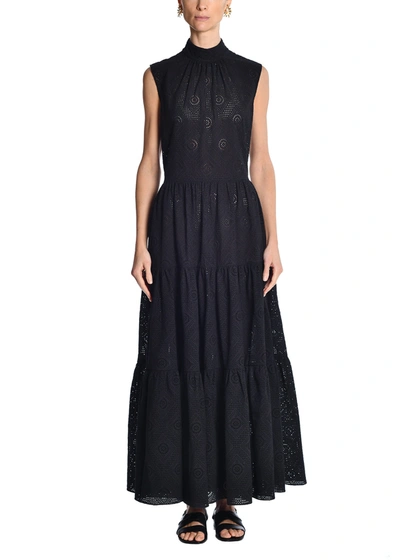 Shop Adam Lippes Sleeveless Tiered Dress In Cotton Eyelet In Black