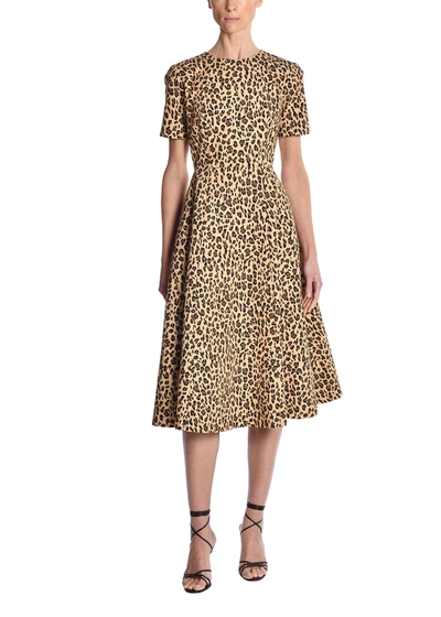 Shop Adam Lippes Short Sleeve Fit And Flare Dress In Printed Cotton Faille In Beige