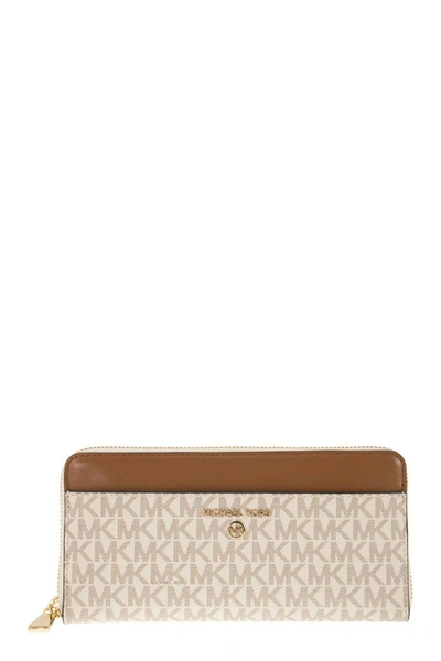 Shop Michael Kors Continental Wallet With Printed Canvas In Vanilla