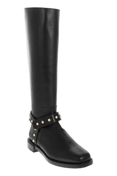 Shop Stuart Weitzman Pearl Moto - Leather Boot With Pearls In Black