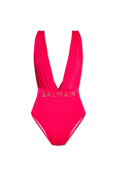 Shop Balmain Draped Swimsuit In Pink