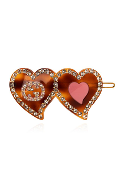 Shop Gucci Logo Plaque Embellished Heart Hair Clip In Brown
