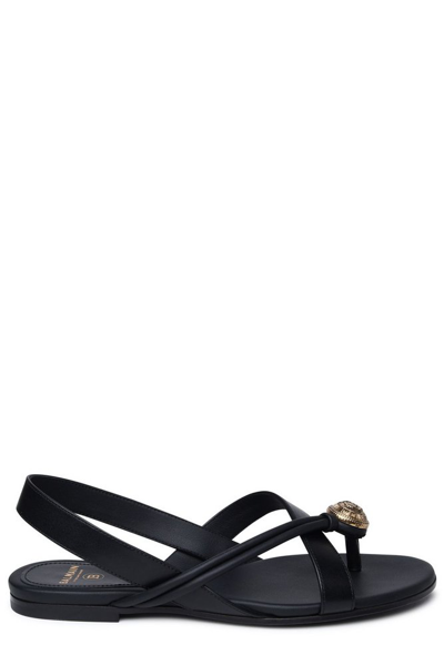 Shop Balmain Embossed Button Thong Strapped Sandals In Black