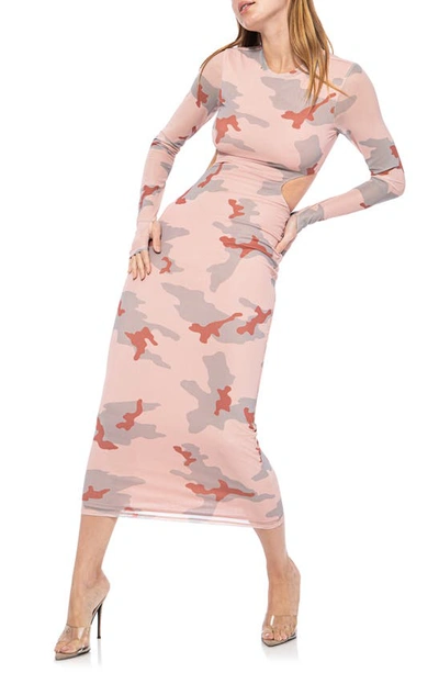 Shop Afrm Janet Floral Cutout Long Sleeve Mesh Midi Dress In Taupe Camo