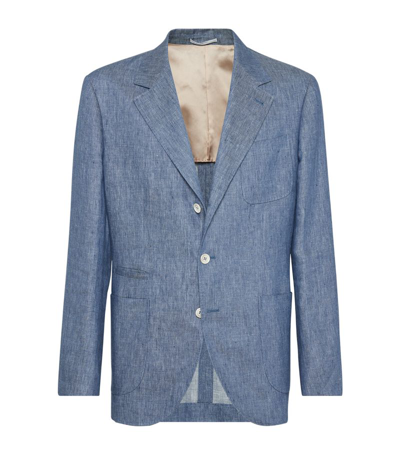 Shop Brunello Cucinelli Linen Single-breasted Jacket In Blue