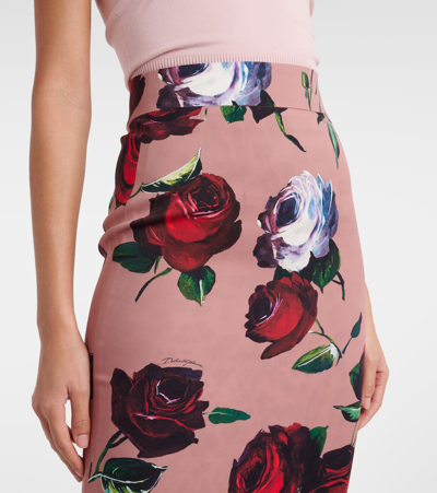 Shop Dolce & Gabbana Floral Silk-blend Charmeuse Midi Skirt In Pink