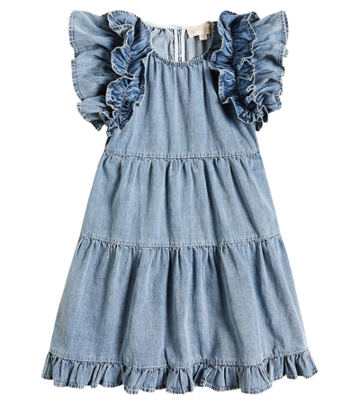 Shop Petite Amalie Ruffled Cotton Chambray Dress In Blue