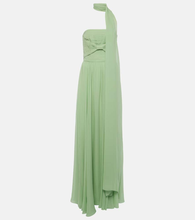 Shop Elie Saab Scarf-detail Pleated Silk Gown In Green
