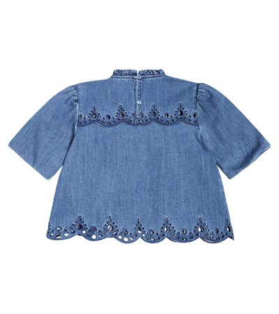 Shop Petite Amalie Smocked Cotton Chambray Shirt In Blue
