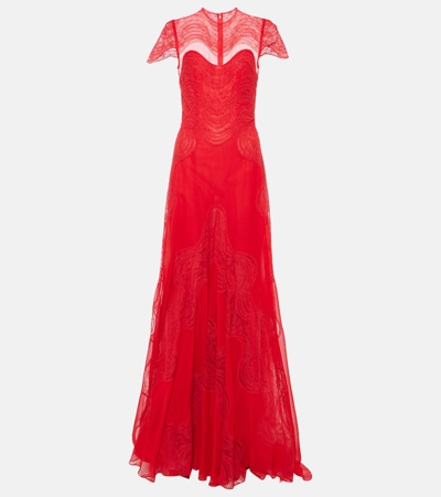 Shop Costarellos Dante Lace-trimmed Silk Georgette Gown In Red
