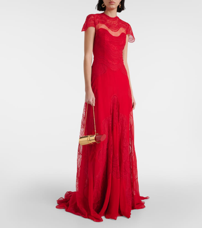 Shop Costarellos Dante Lace-trimmed Silk Georgette Gown In Red