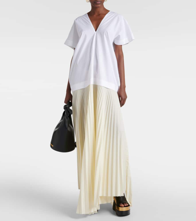 Shop Plan C Pleated Cotton-blend Maxi Dress In White