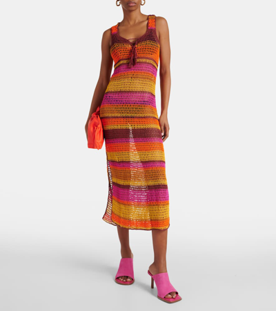 Shop Anna Kosturova Striped Crochet Cotton Maxi Dress In Multicoloured
