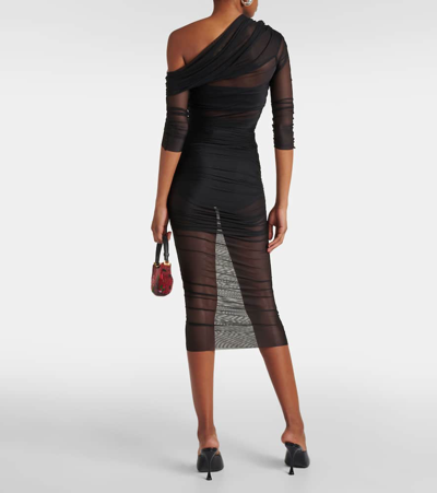 Shop The Sei One-shoulder Ruched Mesh Midi Dress In Black
