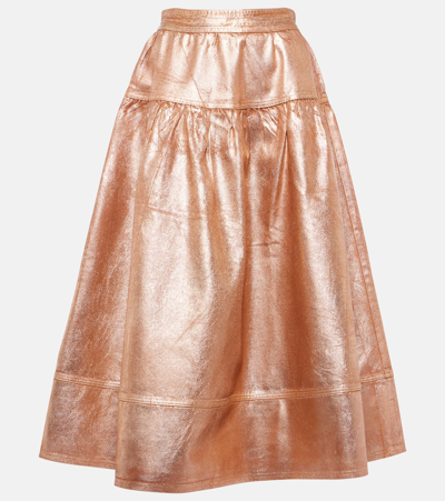 Shop Ulla Johnson Astrid Foiled Denim Midi Skirt In Metallic