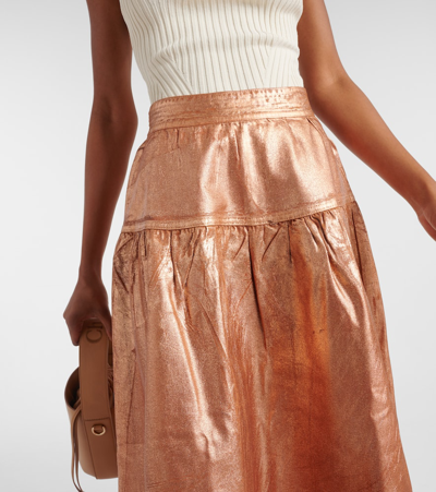 Shop Ulla Johnson Astrid Foiled Denim Midi Skirt In Metallic