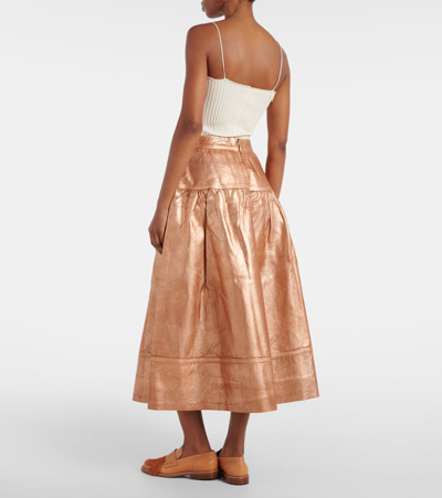 Shop Ulla Johnson Astrid Foiled Denim Midi Skirt In Metallic