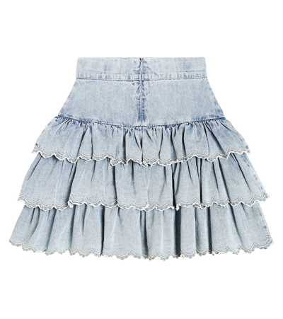 Shop Petite Amalie Ruffled Embroidered Cotton Chambray Skirt In Blue