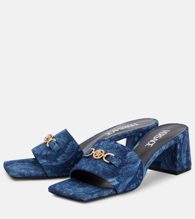 Shop Versace Medusa Leather-trimmed Mules In Blue