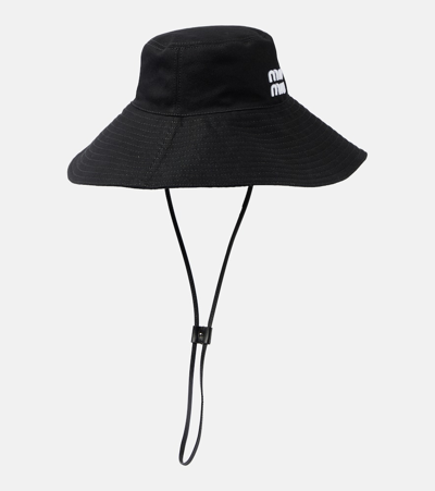 Shop Miu Miu Logo Cotton Drill Bucket Hat In Black