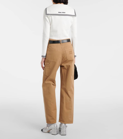 Miu Miu Striped Cotton-blend Cardigan In White