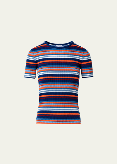 Shop Akris Punto Stripe Short-sleeve Ribbed Wool Sweater In Denim-multicolor
