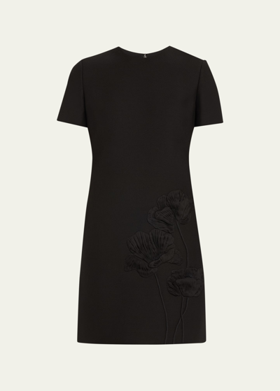 Shop Valentino Floral Embroidered Wool Mini Dress In Black