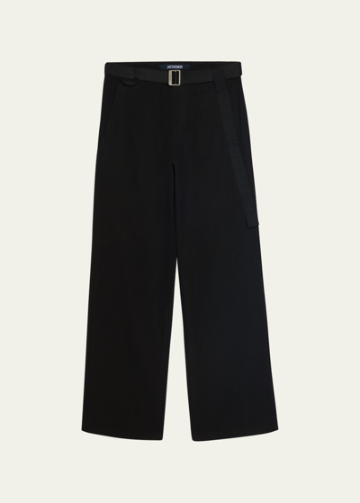 Shop Jacquemus Men's Belted Straight Cotton Pants In Black