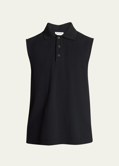 Shop Saint Laurent Men's Sleeveless Pique Polo Shirt In Nero